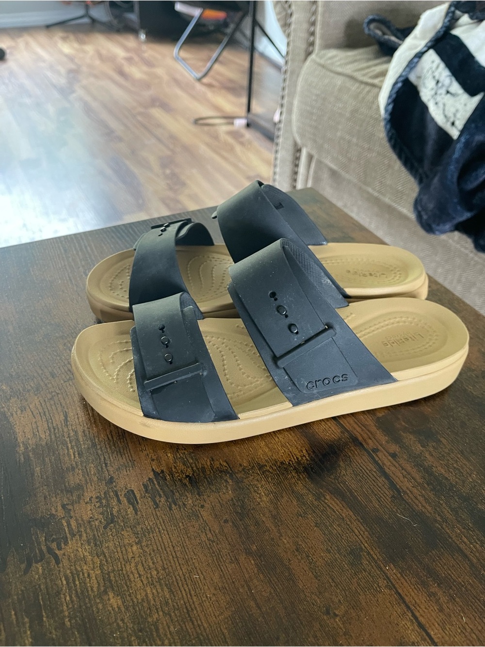 CROCS Black Straps with Tan Footbed Slide Sandals